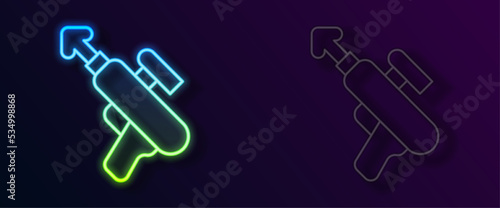 Glowing neon line Fishing harpoon icon isolated on black background. Fishery manufacturers for catching fish under water. Diving underwater equipment. Vector