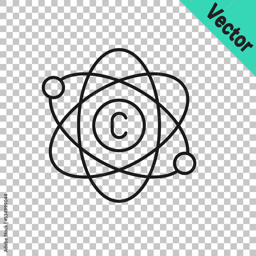 Black line Atom icon isolated on transparent background. Symbol of science, education, nuclear physics, scientific research. Vector