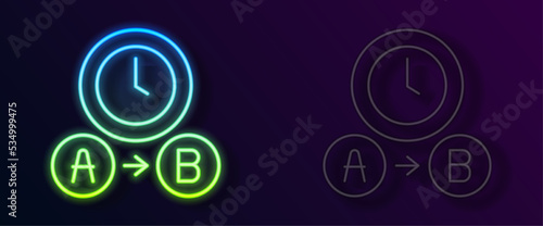 Glowing neon line Taxi waiting time icon isolated on black background. Car deadline, schedule ride. Vector