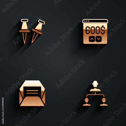Set Push pin, Monitor with dollar, Envelope and Employee hierarchy icon with long shadow. Vector