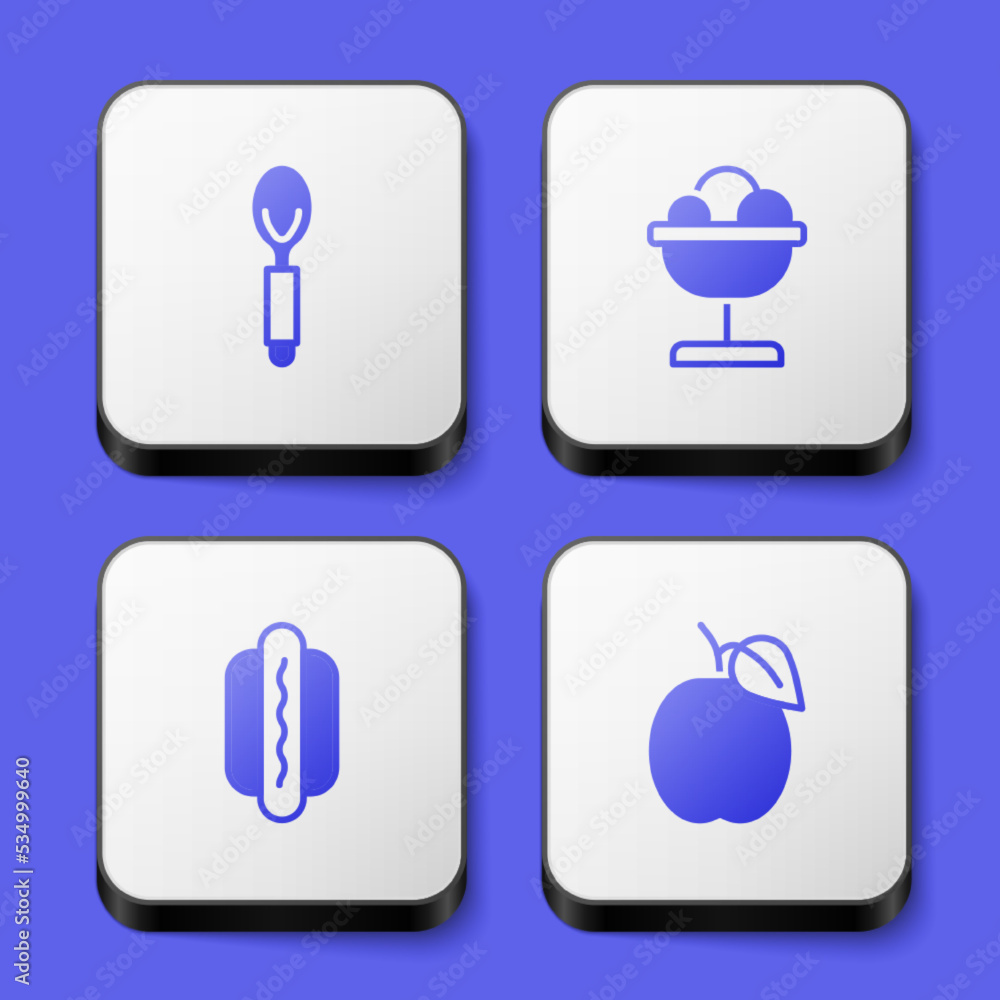 Set Spoon, Ice cream in the bowl, Hotdog and Plum fruit icon. White square button. Vector Set Spoon, Ice cream in the bowl, Hotdog and Plum fruit icon. White square button. Vector