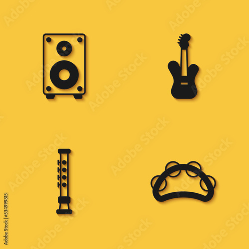 Set Stereo speaker, Tambourine, Flute and Electric bass guitar icon with long shadow. Vector