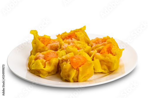 Fresh delicious homemade shrimp  minced pork and salted egg yolk steamed dumplings in white ceramic dish isolated on white background with clipping path.