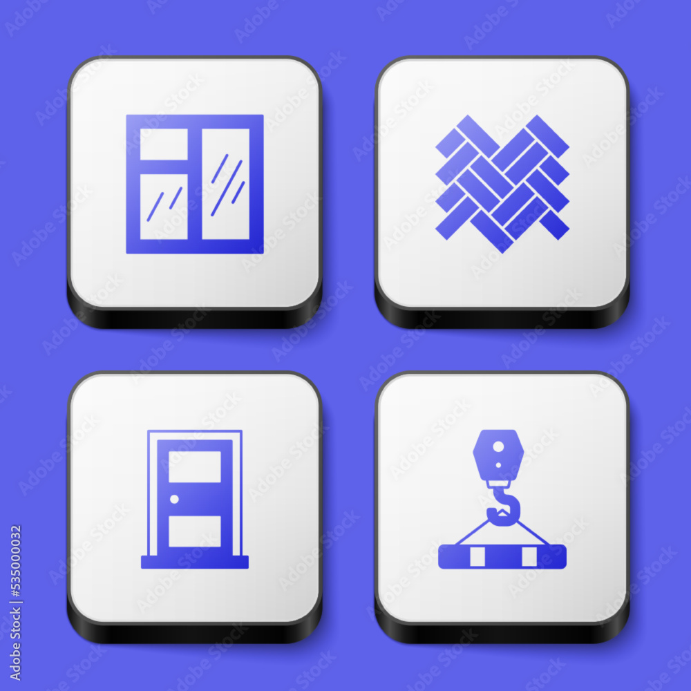 Set Window in room, Parquet, Closed door and Crane hook icon. White square button. Vector Set Window in room, Parquet, Closed door and Crane hook icon. White square button. Vector