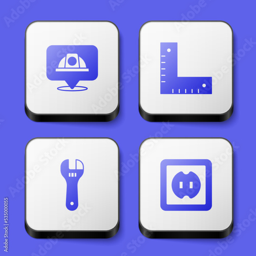 Set Worker safety helmet, Corner ruler, Adjustable wrench and Electrical outlet icon. White square button. Vector