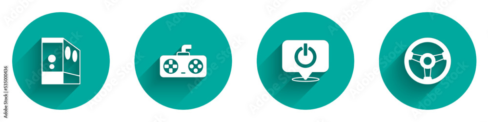 Set Case of computer, Game controller or joystick, Power button and Racing simulator icon with long shadow. Vector Set Case of computer, Game controller or joystick, Power button and Racing simulator icon with long shadow. Vector