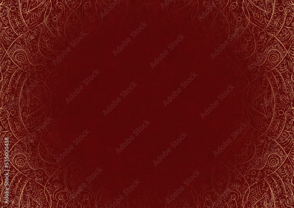 Deep red textured paper with splatters of golden glitter and vignette of golden hand-drawn pattern. Copy space. Digital artwork, A4. (pattern: p08-2b) Deep red textured paper with splatters of golden glitter and vignette of golden hand-drawn pattern. Copy space. Digital artwork, A4. (pattern: p08-2b)