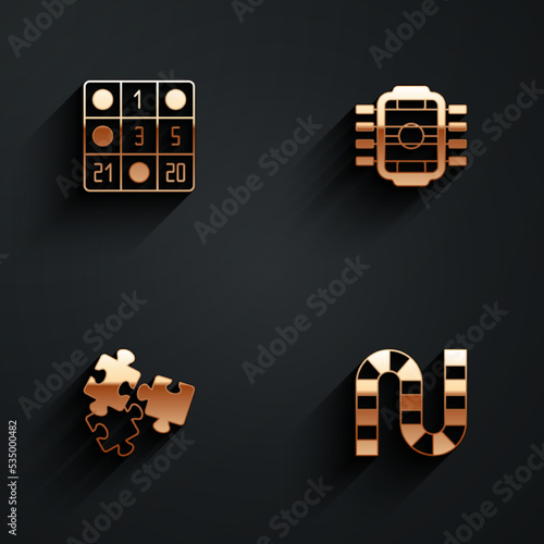 Set Bingo card, Table football, Puzzle pieces toy and Board game icon with long shadow. Vector