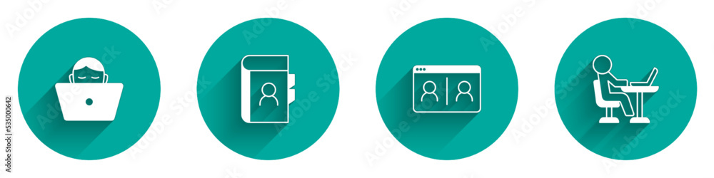 Set Freelancer, Phone book, Video chat conference and icon with long shadow. Vector Set Freelancer, Phone book, Video chat conference and icon with long shadow. Vector