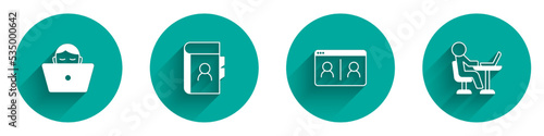 Set Freelancer, Phone book, Video chat conference and icon with long shadow. Vector