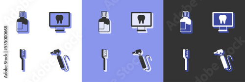 Set Tooth drill, Mouthwash, Toothbrush and Online dental care icon. Vector