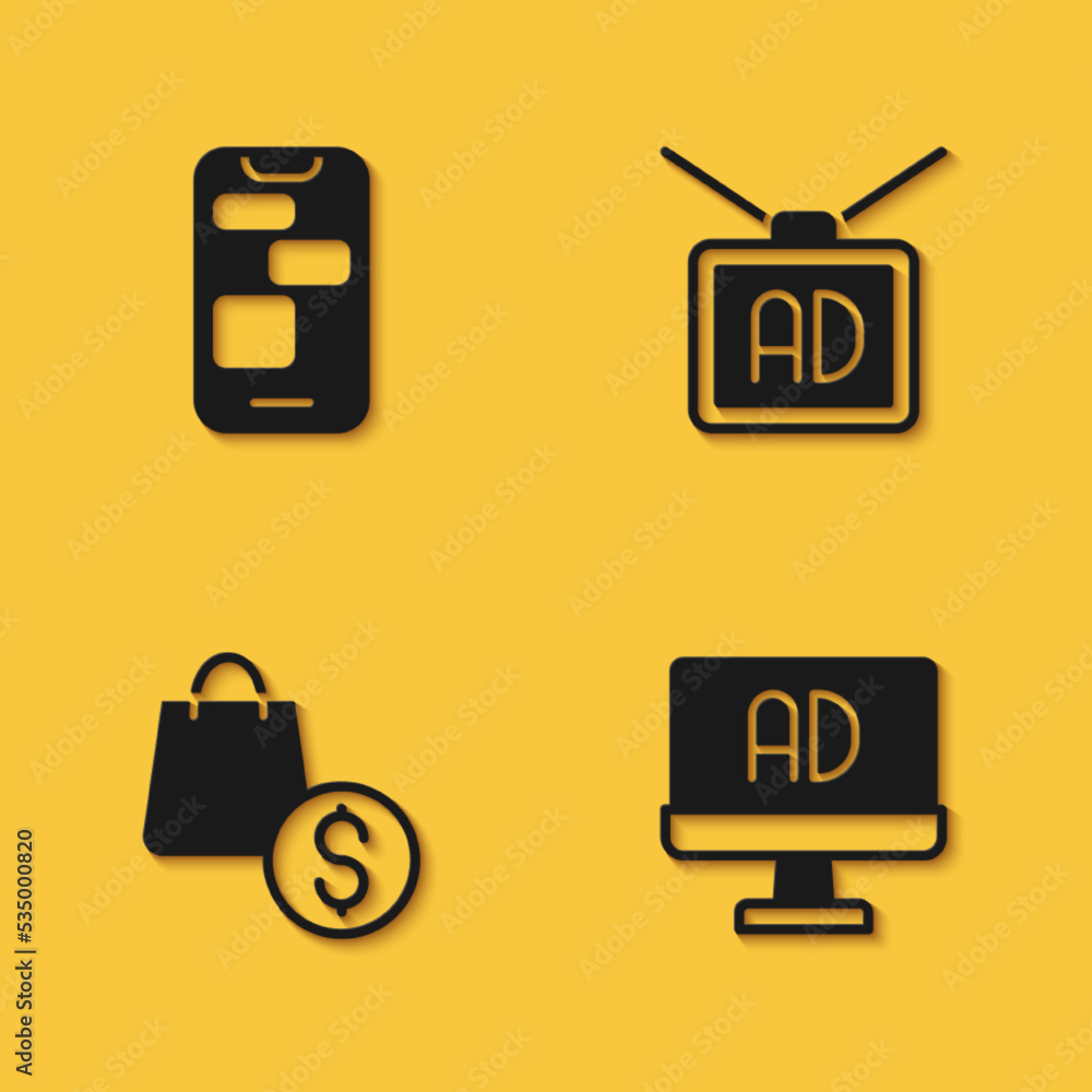 Set Mobile 24 hours support, Advertising, shopping bag and dollar and icon with long shadow. Vector Set Mobile 24 hours support, Advertising, shopping bag and dollar and icon with long shadow. Vector