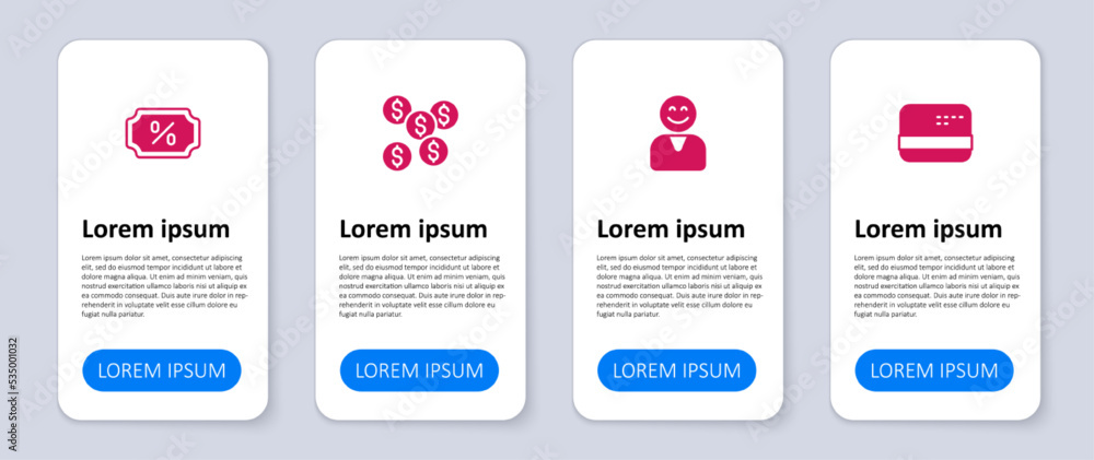 Set Credit card, Happy customer, Dollar symbol and Discount percent tag. Business infographic template. Vector Set Credit card, Happy customer, Dollar symbol and Discount percent tag. Business infographic template. Vector