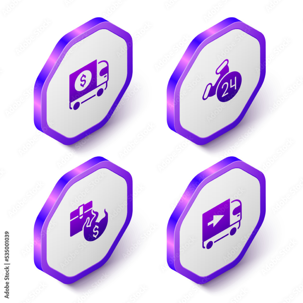 Set Isometric Armored truck, Telephone 24 hours support, Hot price and Delivery cargo icon. Purple hexagon button. Vector Set Isometric Armored truck, Telephone 24 hours support, Hot price and Delivery cargo icon. Purple hexagon button. Vector