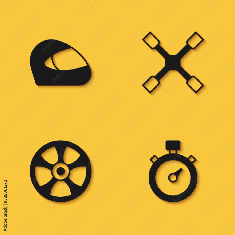 Set Racing helmet, Stopwatch, Alloy wheel for car and Wheel wrench icon with long shadow. Vector Set Racing helmet, Stopwatch, Alloy wheel for car and Wheel wrench icon with long shadow. Vector