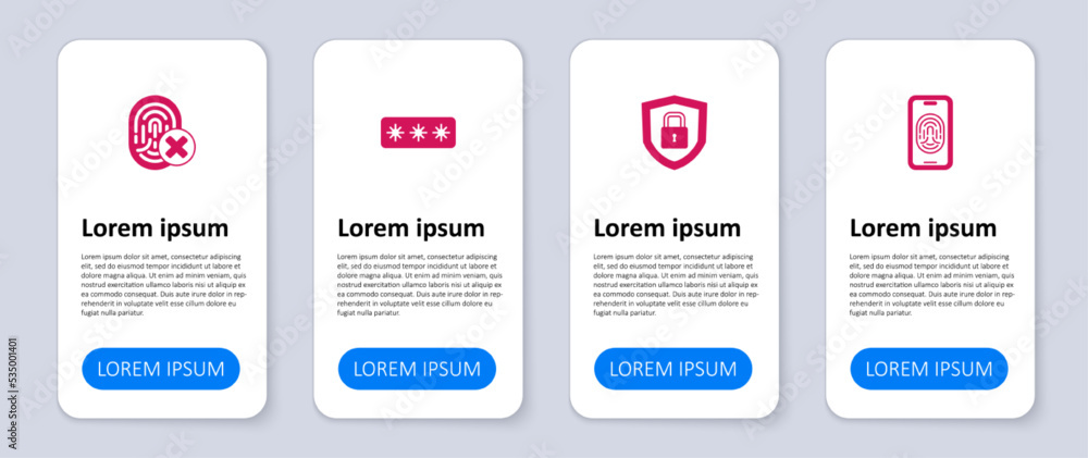 Set Mobile with fingerprint scanner, Shield security lock, Password protection and Cancelled. Business infographic template. Vector Set Mobile with fingerprint scanner, Shield security lock, Password protection and Cancelled. Business infographic template. Vector