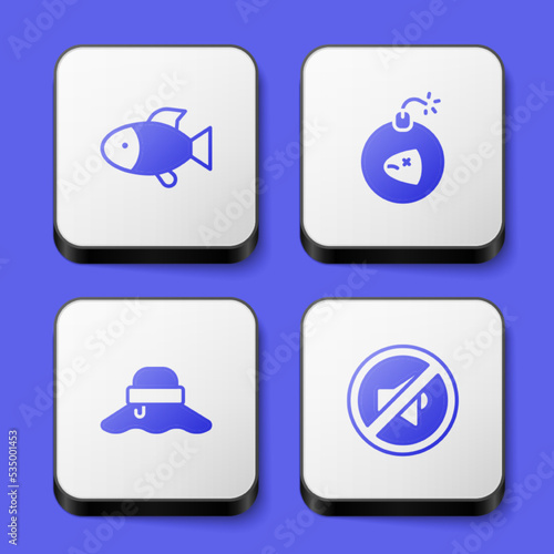 Set Fish, Bomb, Fisherman hat and Speaker mute icon. White square button. Vector