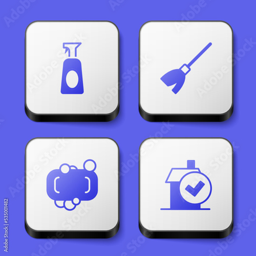 Wallpaper Mural Set Cleaning spray with detergent, Handle broom, Bar of soap and Home cleaning service icon. White square button. Vector Torontodigital.ca