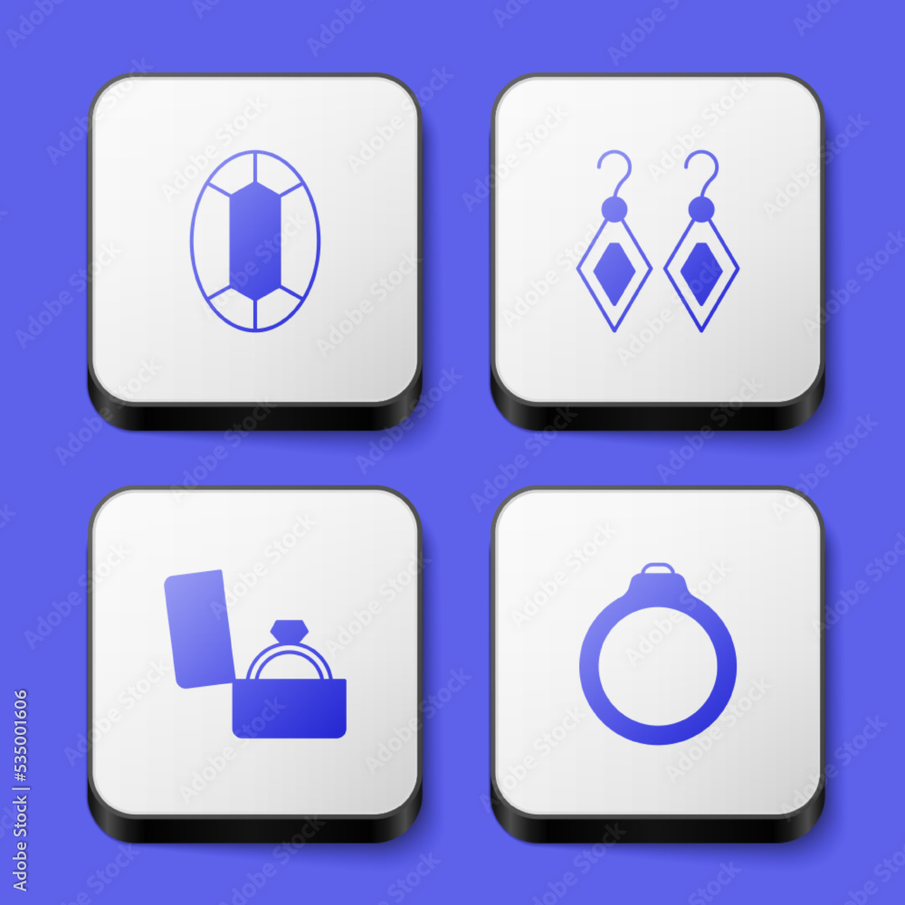 Set Gem stone, Earrings, Diamond engagement box and icon. White square button. Vector Set Gem stone, Earrings, Diamond engagement box and icon. White square button. Vector