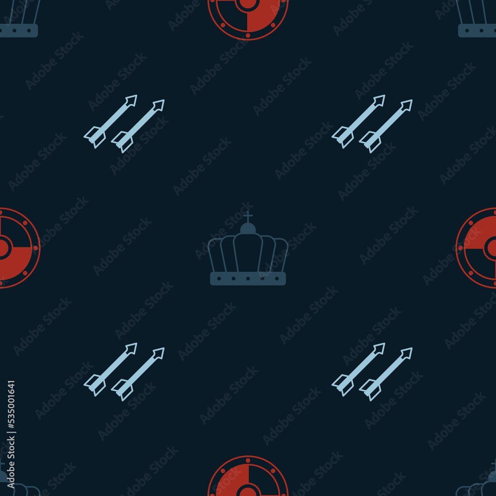 Set Round shield, King crown and Medieval arrows on seamless pattern. Vector Set Round shield, King crown and Medieval arrows on seamless pattern. Vector