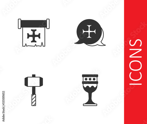 Set Medieval goblet, Crusade, Battle hammer and icon. Vector