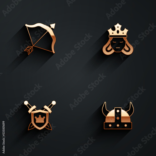 Set Medieval bow and arrow, Princess or queen, Shield with swords and Viking horned helmet icon with long shadow. Vector