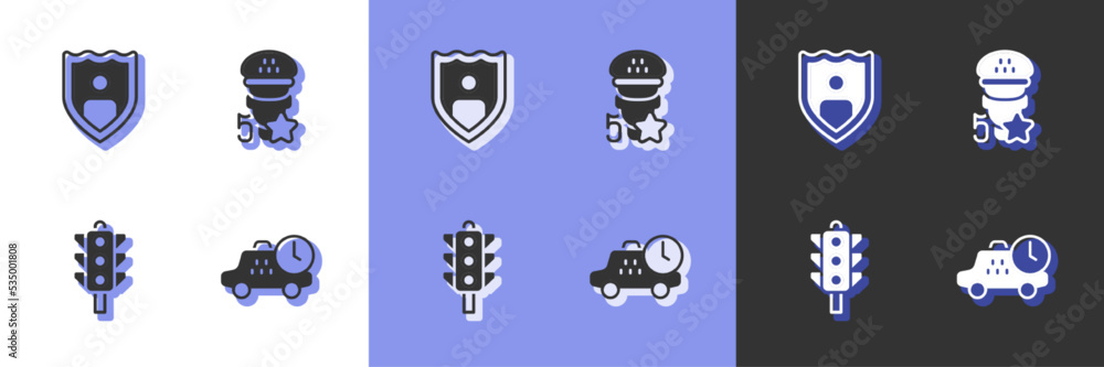 Set Taxi waiting time, Life insurance with shield, Traffic light and service rating icon. Vector