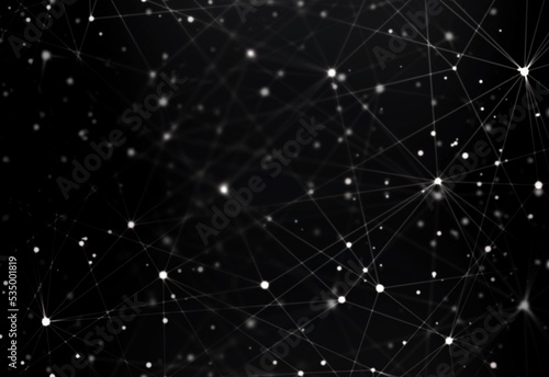 Glittering polygonal net black background. Sparkling plexus textured illustration. Dark matter brilliance irregular structure.