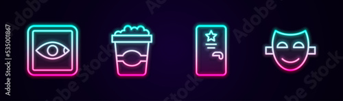 Set line Rating movie, Popcorn cardboard box, Backstage and Comedy theatrical mask. Glowing neon icon. Vector