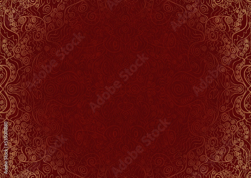 Hand-drawn unique abstract ornament. Light red on a deep red background, with vignette of same pattern in golden glitter. Paper texture. Digital artwork, A4. (pattern: p06a)