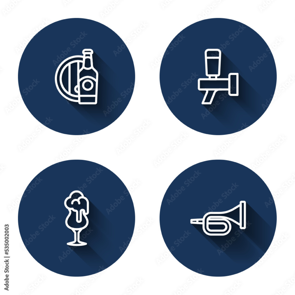 Set line Beer bottle and wooden barrel, tap, Glass of beer and Trumpet with long shadow. Blue circle button. Vector Set line Beer bottle and wooden barrel, tap, Glass of beer and Trumpet with long shadow. Blue circle button. Vector