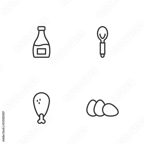 Set line Chicken egg, leg, Sauce bottle and Spoon icon. Vector