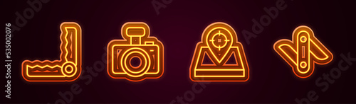 Set line Trap hunting, Photo camera, Hunt place and Swiss army knife. Glowing neon icon. Vector