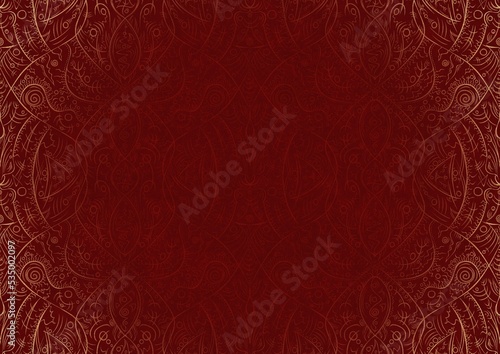 Hand-drawn unique abstract ornament. Light red on a deep red background, with vignette of same pattern in golden glitter. Paper texture. Digital artwork, A4. (pattern: p08-2b)