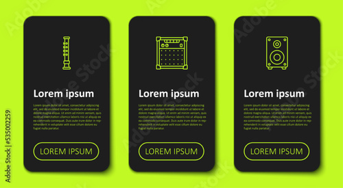 Set line Flute, Guitar amplifier and Stereo speaker. Business infographic template. Vector