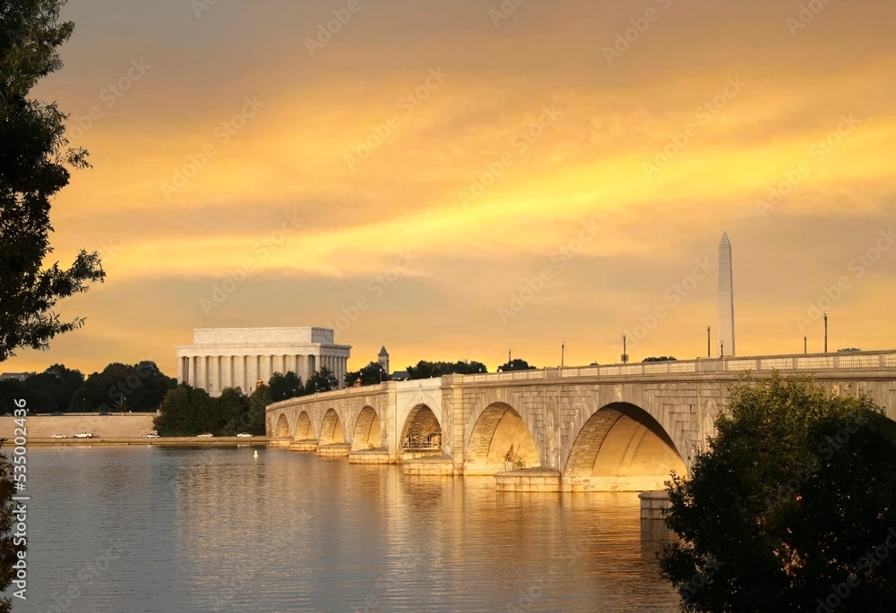 View of the Lincoln Memorial, Washington Monument and Memorial Bridge from the banks of the Potomac River, Sundown Washington DC
