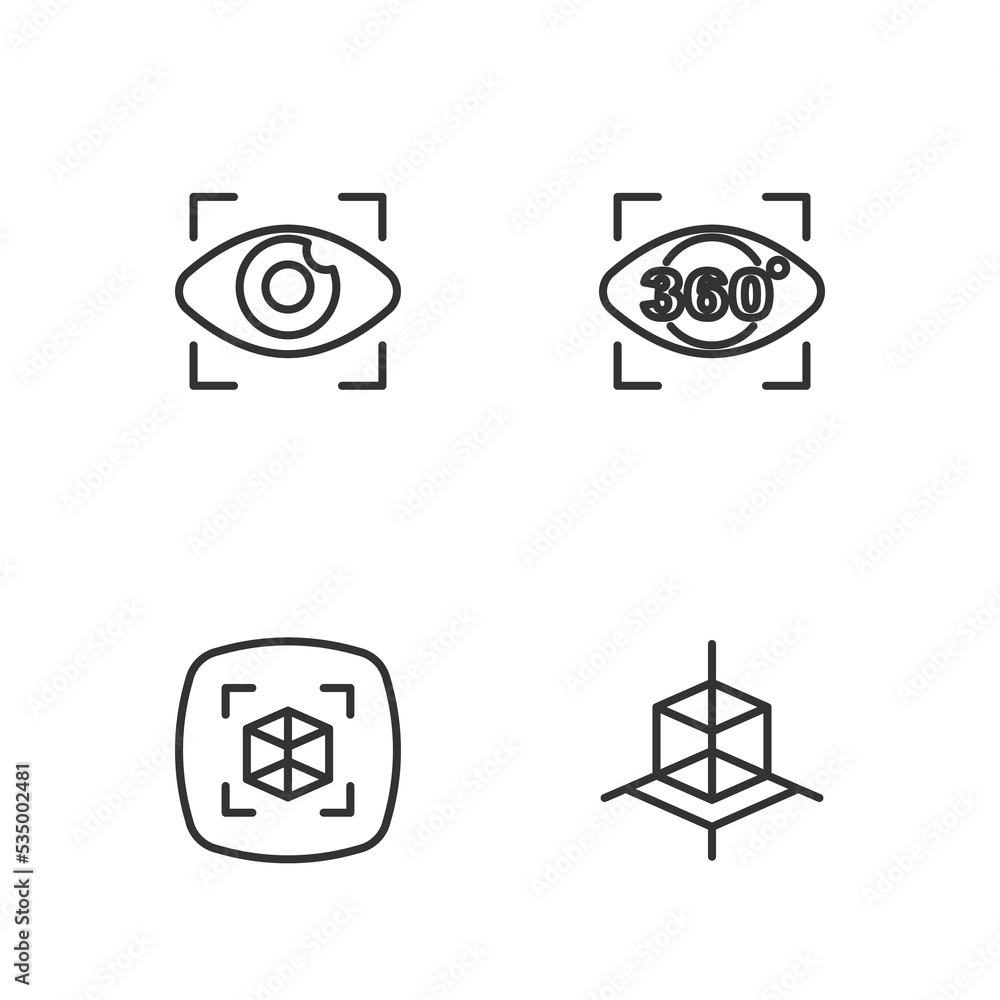 Set line 3d modeling, Big brother electronic eye and 360 degree view icon. Vector Set line 3d modeling, Big brother electronic eye and 360 degree view icon. Vector