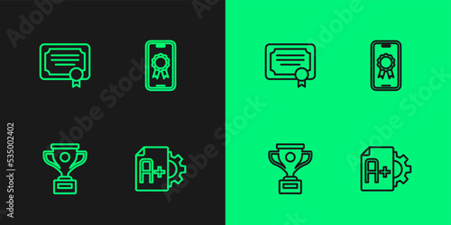 Set line Exam sheet with A plus grade, Award cup, Certificate template and Online education diploma icon. Vector