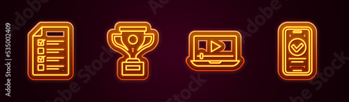 Set line Online quiz, test, survey, Award cup, play video and . Glowing neon icon. Vector