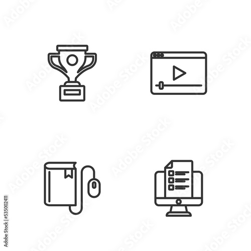Set line Online quiz, test, survey, Electronic book with mouse, Award cup and play video icon. Vector