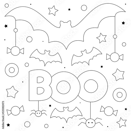 Boo. Coloring page. Black and white vector illustration.