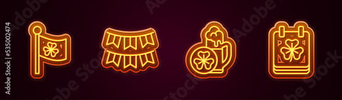 Set line Ireland flag with clover, Carnival garland flags, Glass of beer and Saint Patricks day calendar. Glowing neon icon. Vector