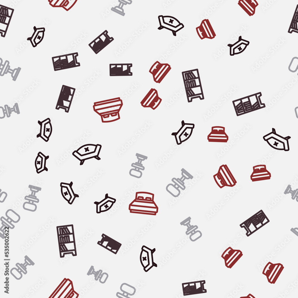Set line Sofa, Library bookshelf, Office chair and Big bed on seamless pattern. Vector Set line Sofa, Library bookshelf, Office chair and Big bed on seamless pattern. Vector