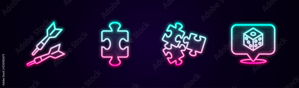 Set line Dart arrow, Puzzle pieces toy, and Game dice. Glowing neon icon. Vector Set line Dart arrow, Puzzle pieces toy, and Game dice. Glowing neon icon. Vector