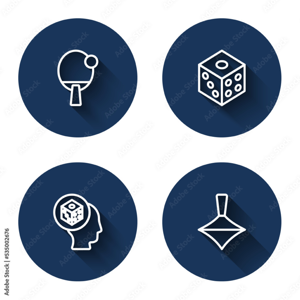 Fototapeta premium Set line Racket, Game dice, and Whirligig toy with long shadow. Blue circle button. Vector