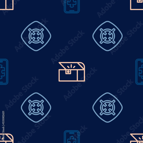 Set line Mobile gaming, Target sport and Chest for game on seamless pattern. Vector