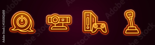 Set line Power button, Web camera, Game console with joystick and Gear shifter. Glowing neon icon. Vector