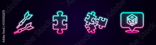 Set line Dart arrow, Puzzle pieces toy, and Game dice. Glowing neon icon. Vector © Iryna