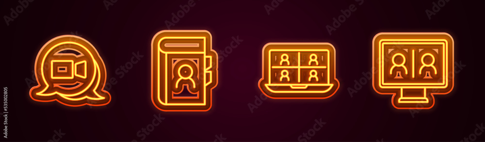 Set line Video chat conference, Phone book, and . Glowing neon icon. Vector Set line Video chat conference, Phone book, and . Glowing neon icon. Vector