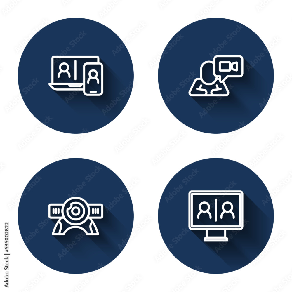 Set line Video chat conference, Web camera and with long shadow. Blue circle button. Vector Set line Video chat conference, Web camera and with long shadow. Blue circle button. Vector